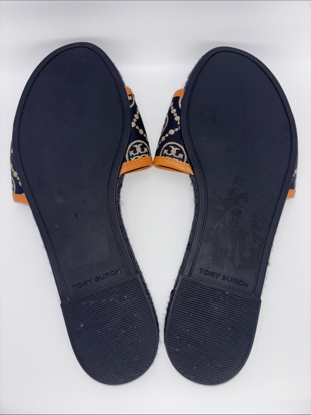 Tory Burch Raffia Slide Sandals with Tan Trim and Logo Jacquard - Picture 7 of 8